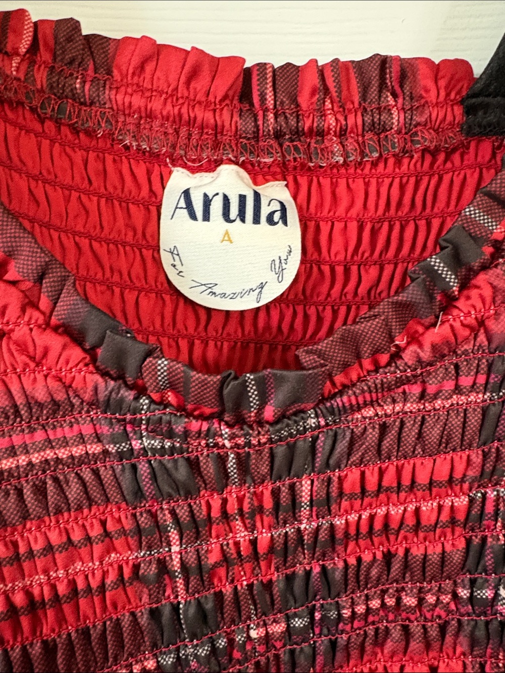 ARULA Red Plaid Tiered Dress with Black Velvet Tie Straps - Picture 4 of 5